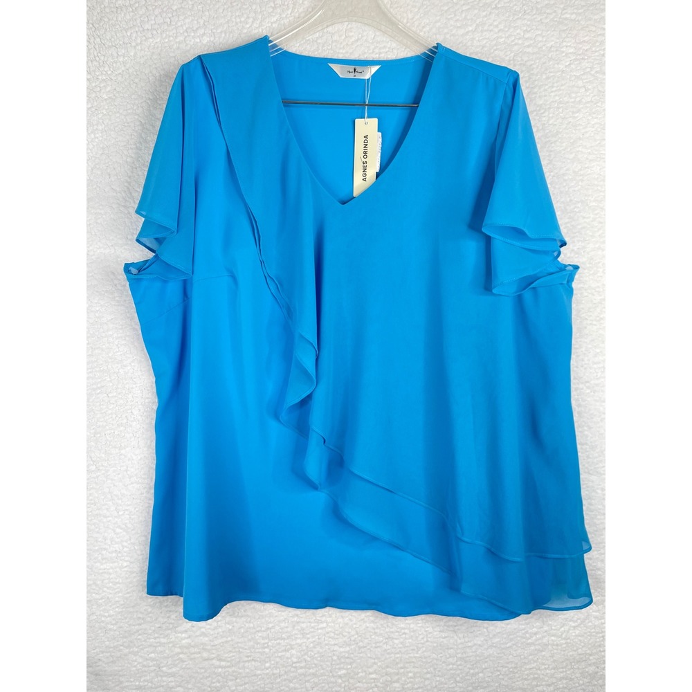 Agnes Orinda‎ Womens 2X Sky Blue Ruffle Front V-Neck Short Sleeve Blouse NWT